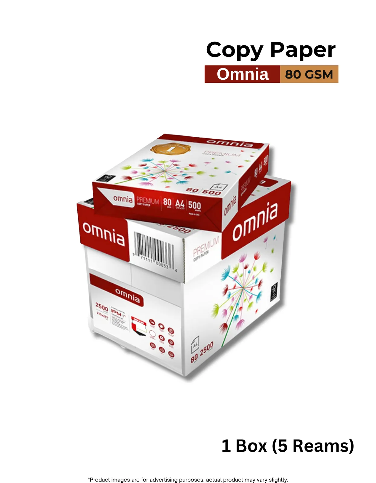 Omnia Premium Copy Paper A4 80 GSM – 1 Box (5 Reams, 2500 Sheets)