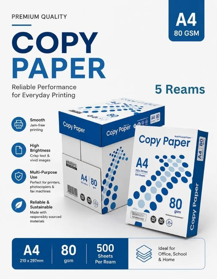 Copy Paper Brand A4 80 GSM – 2500 Sheets Premium Multipurpose Printing Paper | Bright White | Smooth Jam-Free Performance