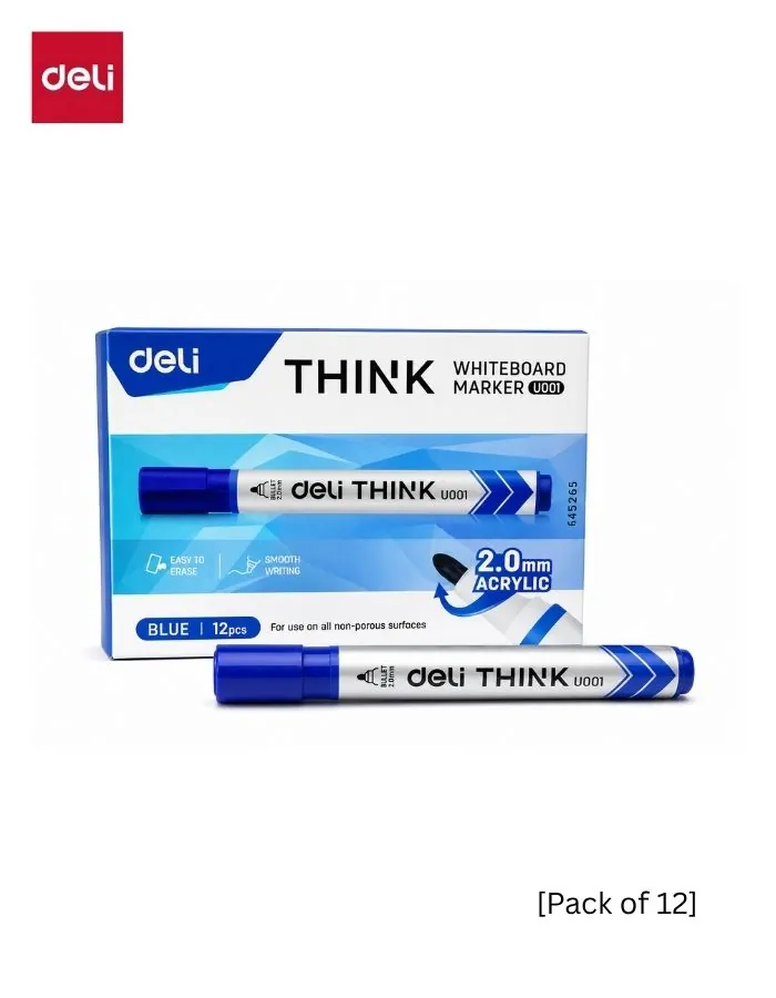 Whiteboard Marker Deli THINK U001 Blue 2.0mm Bullet Tip Dry Erase Pen 12 Pieces