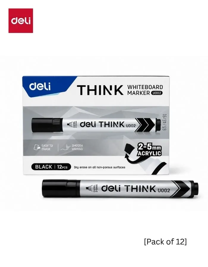 Deli THINK Permanent Marker Box of 12 Black Chisel Tip 1.5-5mm Waterproof Quick Dry