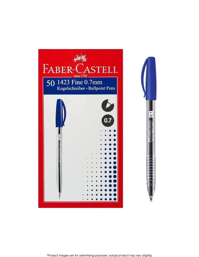 Faber-Castell 1423 Ball Point Pens 0.7mm Fine Tip Smooth Writing Blue Ink – Pack of 50