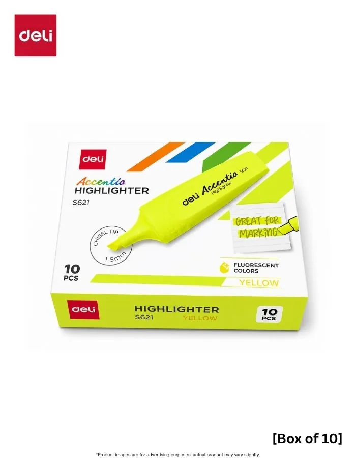Highlighter Deli Accent S621 Yellow Chisel Tip Pen Set, Non-Toxic Ink, 10 Pieces
