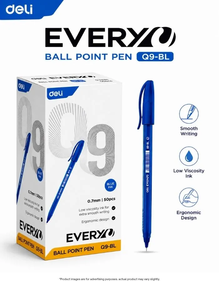 Pens Blue Ballpoint Pens 0.7mm Smooth Writing Office Pens Pack of 50 – Deli Everyo Q9-BL Low Viscosity Ergonomic Ball Point Pen