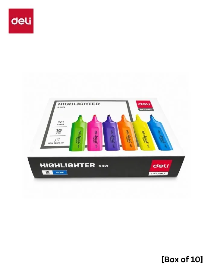 Highlighter Deli Accent S621 Blue Chisel Tip Pen Set, Non-Toxic Ink, 10 Pieces