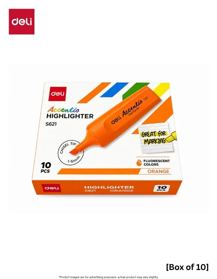 Highlighter Deli Accent S621 Orange Chisel Tip Pen Set, Non-Toxic Ink, 10 Pieces