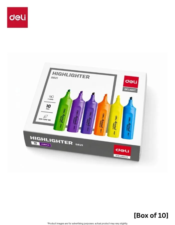 Highlighter Deli Accent S621 Purple Chisel Tip Pen Set, Non-Toxic Ink, 10 Pieces