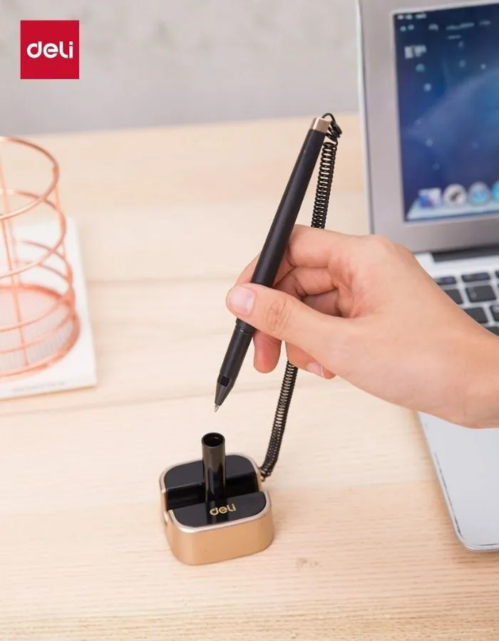 Deli Desk Pen with Stand | Counter Ballpoint Pen with Spring Cord | Bank & Reception Desk Pen | Black