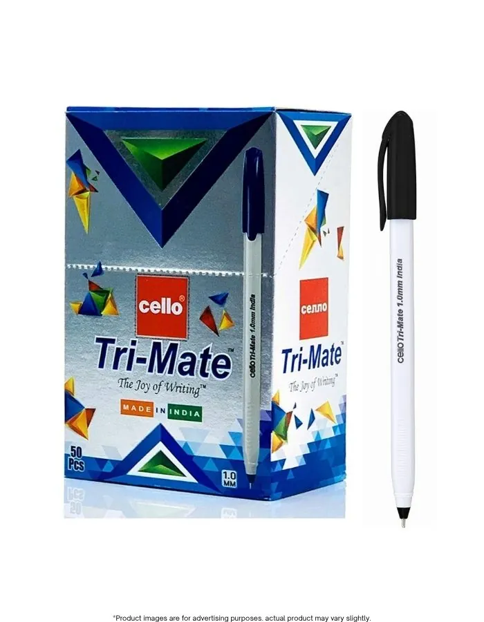 Ball Pen Cello Tri-Mate 1.0mm Black Ink, Smooth Writing, Pack of 50