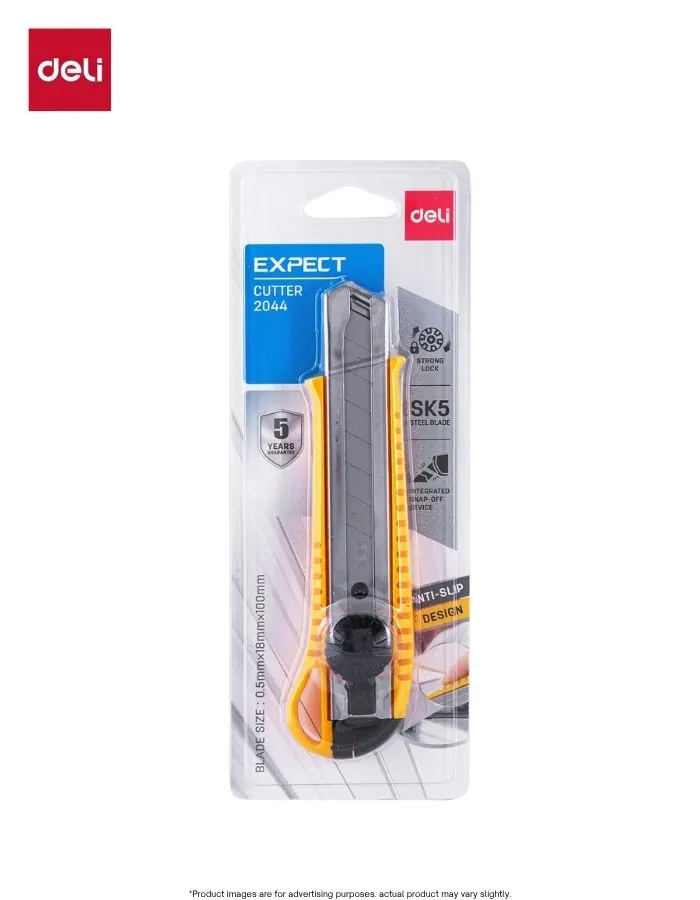 Utility Knife Cutter Heavy Duty Box Cutter Deli 2044 SK5 Sharp Blade Anti-Slip Handle Yellow Grey
