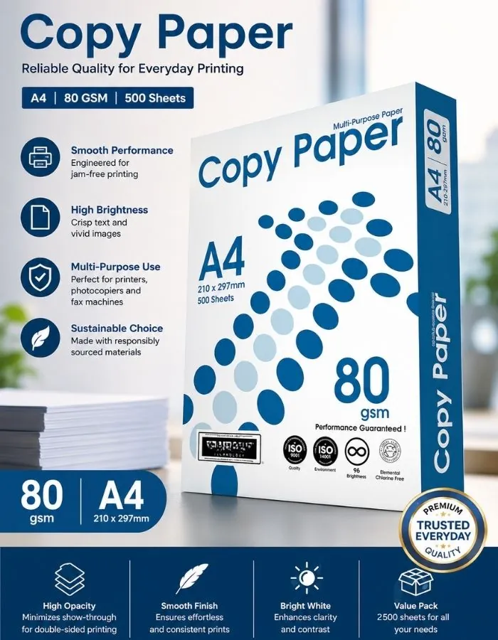 Copy Paper Brand A4 80 GSM – 2500 Sheets Premium Multipurpose Printing Paper | Bright White | Smooth Jam-Free Performance