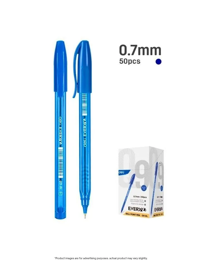 Pens Blue Ballpoint Pens 0.7mm Smooth Writing Office Pens Pack of 50 – Deli Everyo Q9-BL Low Viscosity Ergonomic Ball Point Pen