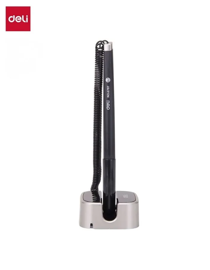 Deli Desk Pen with Stand | Counter Ballpoint Pen with Spring Cord | Bank & Reception Desk Pen | Black