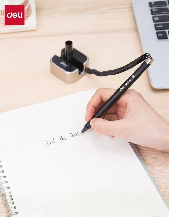 Deli Desk Pen with Stand | Counter Ballpoint Pen with Spring Cord | Bank & Reception Desk Pen | Black