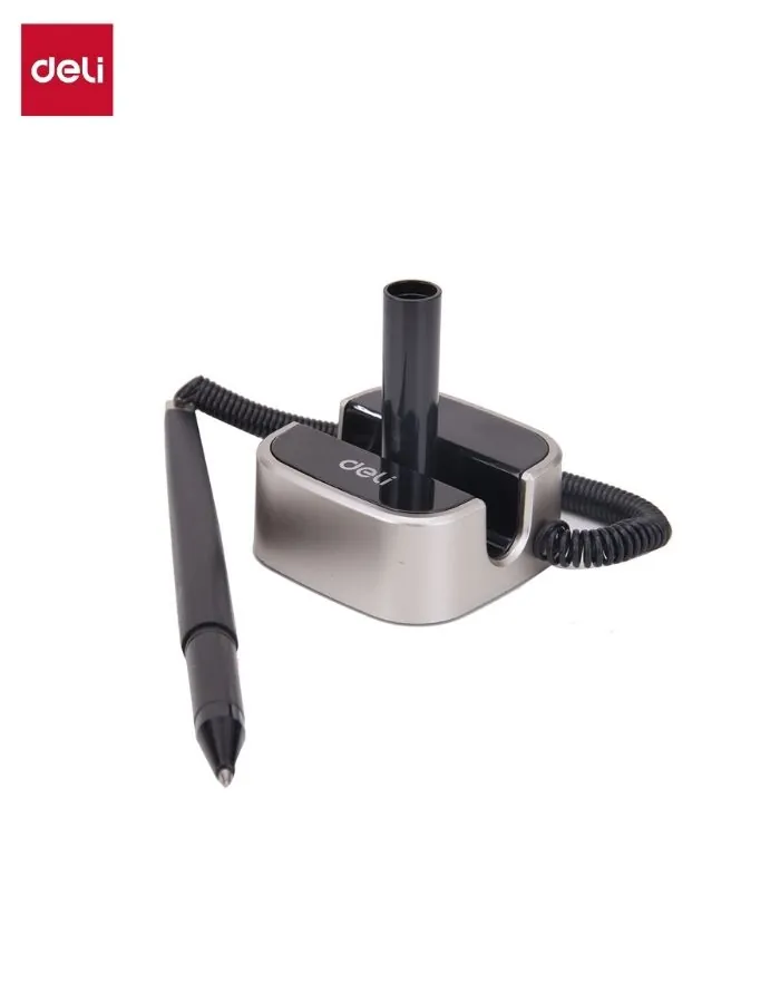 Deli Desk Pen with Stand | Counter Ballpoint Pen with Spring Cord | Bank & Reception Desk Pen | Black